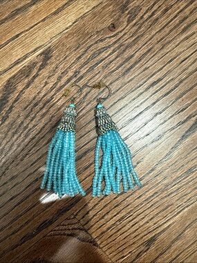 Turquoise Beaded Tassel Drop Earrings - Designer Style